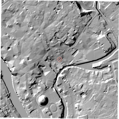 Shaded relief map of the ground around YO19TA, computed from Environment Agency LiDAR. The ground here sits at about 10 m above sea level and falls 19 m across the surrounding 800 m. Surface water reaching this point runs off ground lying to the north-west, 7.4 m higher.