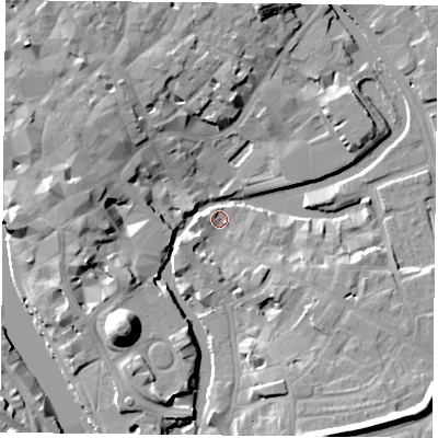 Shaded relief map of the ground around YO19TB, computed from Environment Agency LiDAR. The ground here sits at about 9 m above sea level and falls 19 m across the surrounding 800 m. Surface water reaching this point runs off ground lying to the east-south-east, 4.0 m higher.