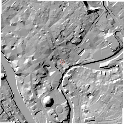 Shaded relief map of the ground around YO19TF, computed from Environment Agency LiDAR. The ground here sits at about 10 m above sea level and falls 19 m across the surrounding 800 m. Surface water reaching this point runs off ground lying to the north-north-west, 7.2 m higher.