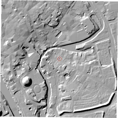 Shaded relief map of the ground around YO19TJ, computed from Environment Agency LiDAR. The ground here sits at about 10 m above sea level and falls 19 m across the surrounding 800 m. Surface water reaching this point runs off ground lying to the east-south-east, 3.5 m higher.