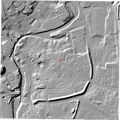 Shaded relief map of the ground around YO19TL, computed from Environment Agency LiDAR. The ground here sits at about 13 m above sea level and falls 19 m across the surrounding 800 m. Surface water reaching this point runs off ground lying to the east-south-east, 2.3 m higher.