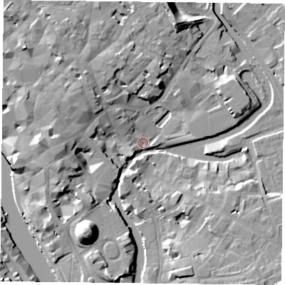 Shaded relief map of the ground around YO19TN, computed from Environment Agency LiDAR. The ground here sits at about 9 m above sea level and falls 19 m across the surrounding 800 m. Surface water reaching this point runs off ground lying to the north-north-west, 8.3 m higher.