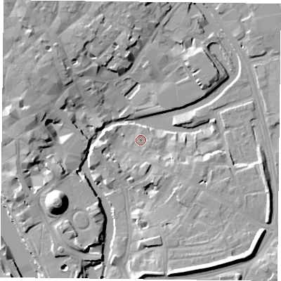 Shaded relief map of the ground around YO19TT, computed from Environment Agency LiDAR. The ground here sits at about 9 m above sea level and falls 19 m across the surrounding 800 m. Surface water reaching this point runs off ground lying to the south-east, 2.4 m higher.