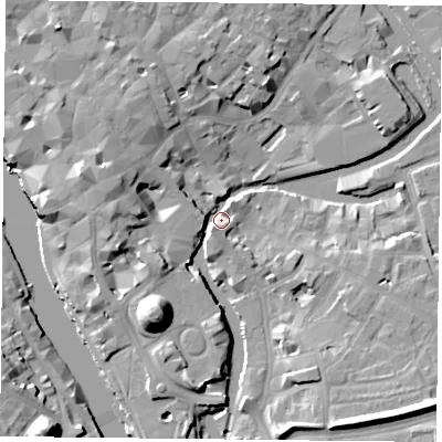 Shaded relief map of the ground around YO19TU, computed from Environment Agency LiDAR. The ground here sits at about 10 m above sea level and falls 19 m across the surrounding 800 m. Surface water reaching this point runs off ground lying to the north-north-west, 9.3 m higher.