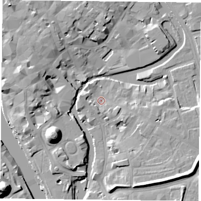 Shaded relief map of the ground around YO19TX, computed from Environment Agency LiDAR. The ground here sits at about 9 m above sea level and falls 19 m across the surrounding 800 m. Surface water reaching this point runs off ground lying to the east-south-east, 3.8 m higher.