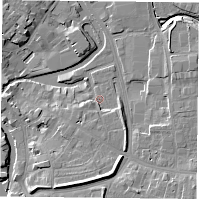Shaded relief map of the ground around YO19UH, computed from Environment Agency LiDAR. The ground here sits at about 10 m above sea level and falls 13 m across the surrounding 800 m. Surface water reaching this point runs off ground lying to the south, 3.9 m higher.