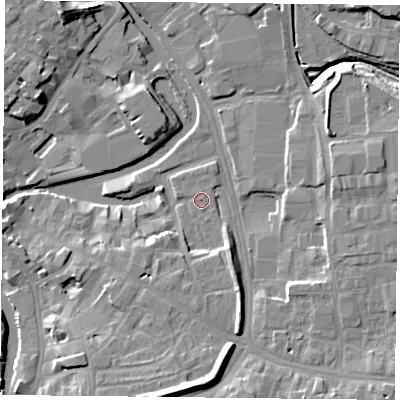 Shaded relief map of the ground around YO19UJ, computed from Environment Agency LiDAR. The ground here sits at about 10 m above sea level and falls 13 m across the surrounding 800 m. Surface water reaching this point runs off ground lying to the south-south-east, 0.6 m higher.