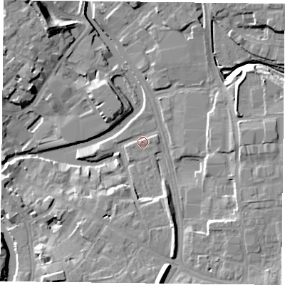 Shaded relief map of the ground around YO19UL, computed from Environment Agency LiDAR. The ground here sits at about 10 m above sea level and falls 13 m across the surrounding 800 m. Surface water reaching this point runs off ground lying to the south, 8.8 m higher.
