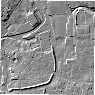 Shaded relief map of the ground around YO19UQ, computed from Environment Agency LiDAR. The ground here sits at about 10 m above sea level and falls 13 m across the surrounding 800 m. Surface water reaching this point runs off ground lying to the south-south-east, 5.1 m higher.
