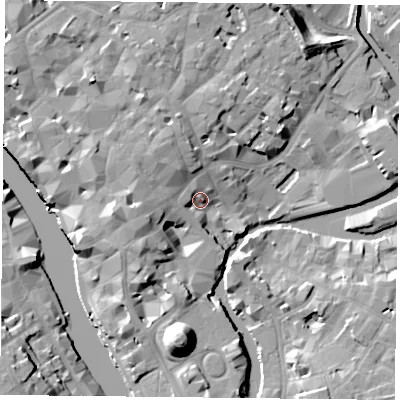 Shaded relief map of the ground around YO19UR, computed from Environment Agency LiDAR. The ground here sits at about 12 m above sea level and falls 19 m across the surrounding 800 m. Surface water reaching this point runs off ground lying to the north-north-west, 7.1 m higher.