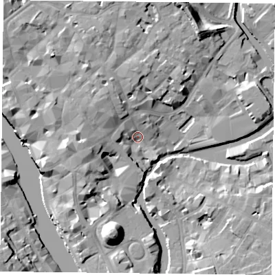 Shaded relief map of the ground around YO19US, computed from Environment Agency LiDAR. The ground here sits at about 11 m above sea level and falls 19 m across the surrounding 800 m. Surface water reaching this point runs off ground lying to the north-north-west, 6.8 m higher.