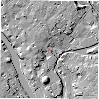 Shaded relief map of the ground around YO19WB, computed from Environment Agency LiDAR. The ground here sits at about 12 m above sea level and falls 19 m across the surrounding 800 m. Surface water reaching this point runs off ground lying to the north-north-west, 7.4 m higher.