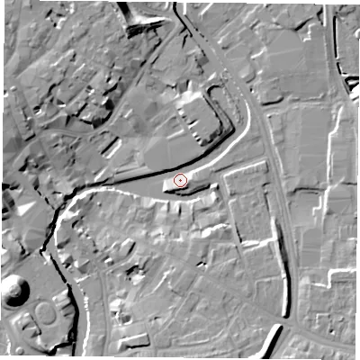 Shaded relief map of the ground around YO19WE, computed from Environment Agency LiDAR. The ground here sits at about 9 m above sea level and falls 19 m across the surrounding 800 m. Surface water reaching this point runs off ground lying to the south-south-east, 10.6 m higher.