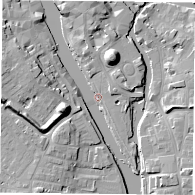 Shaded relief map of the ground around YO19WJ, computed from Environment Agency LiDAR. The ground here sits at about 8 m above sea level and falls 19 m across the surrounding 800 m. Surface water reaching this point runs off ground lying to the east-north-east, 5.5 m higher.