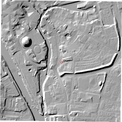 Shaded relief map of the ground around YO19WL, computed from Environment Agency LiDAR. The ground here sits at about 10 m above sea level and falls 19 m across the surrounding 800 m. Surface water reaching this point runs off ground lying to the east-north-east, 4.8 m higher.