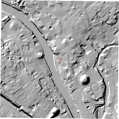 Shaded relief map of the ground around YO19WP, computed from Environment Agency LiDAR. The ground here sits at about 10 m above sea level and falls 19 m across the surrounding 800 m. Surface water reaching this point runs off ground lying to the north-east, 8.3 m higher.