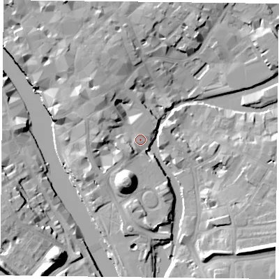 Shaded relief map of the ground around YO19WY, computed from Environment Agency LiDAR. The ground here sits at about 11 m above sea level and falls 19 m across the surrounding 800 m. Surface water reaching this point runs off ground lying to the north-west, 7.9 m higher.