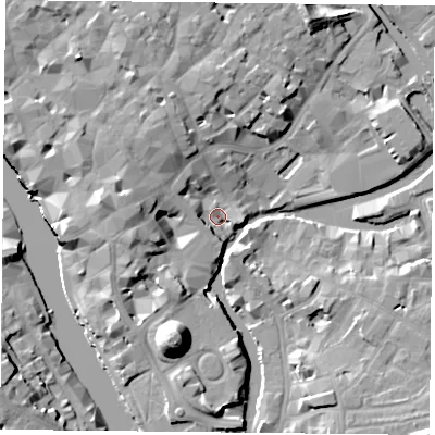 Shaded relief map of the ground around YO19XD, computed from Environment Agency LiDAR. The ground here sits at about 9 m above sea level and falls 19 m across the surrounding 800 m. Surface water reaching this point runs off ground lying to the north-north-west, 8.8 m higher.
