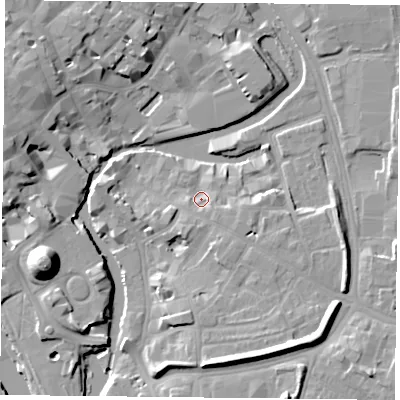 Shaded relief map of the ground around YO19XF, computed from Environment Agency LiDAR. The ground here sits at about 10 m above sea level and falls 19 m across the surrounding 800 m. Surface water reaching this point runs off ground lying to the south-east, 2.7 m higher.