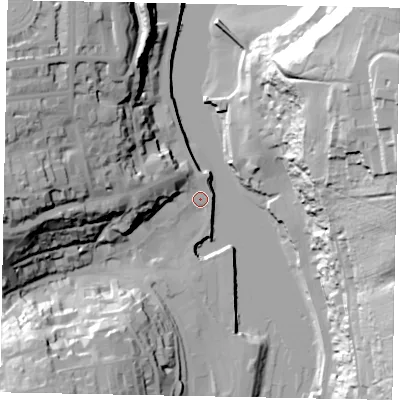 Shaded relief map of the ground around YO211BD, computed from Environment Agency LiDAR. The ground here sits at about 4 m above sea level and falls 61 m across the surrounding 800 m. Surface water reaching this point runs off ground lying to the west, 37.4 m higher.