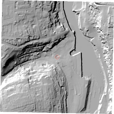 Shaded relief map of the ground around YO211BH, computed from Environment Agency LiDAR. The ground here sits at about 4 m above sea level and falls 54 m across the surrounding 800 m. Surface water reaching this point runs off ground lying to the west-north-west, 39.7 m higher.