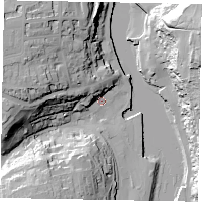 Shaded relief map of the ground around YO211BL, computed from Environment Agency LiDAR. The ground here sits at about 5 m above sea level and falls 54 m across the surrounding 800 m. Surface water reaching this point runs off ground lying to the north-west, 16.3 m higher.