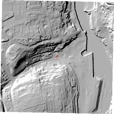 Shaded relief map of the ground around YO211BN, computed from Environment Agency LiDAR. The ground here sits at about 3 m above sea level and falls 49 m across the surrounding 800 m. Surface water reaching this point runs off ground lying to the west-north-west, 37.8 m higher.