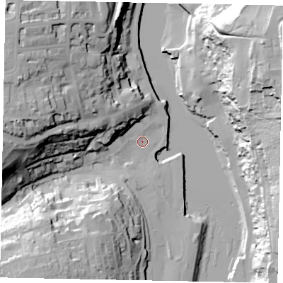 Shaded relief map of the ground around YO211BP, computed from Environment Agency LiDAR. The ground here sits at about 4 m above sea level and falls 57 m across the surrounding 800 m. Surface water reaching this point runs off ground lying to the west-north-west, 38.2 m higher.