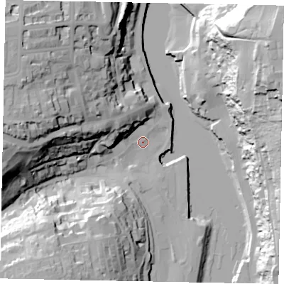 Shaded relief map of the ground around YO211BW, computed from Environment Agency LiDAR. The ground here sits at about 4 m above sea level and falls 55 m across the surrounding 800 m. Surface water reaching this point runs off ground lying to the north-west, 17.3 m higher.