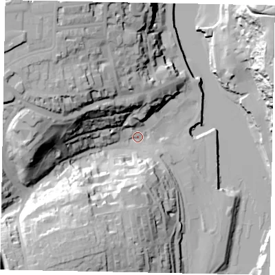 Shaded relief map of the ground around YO211DB, computed from Environment Agency LiDAR. The ground here sits at about 4 m above sea level and falls 49 m across the surrounding 800 m. Surface water reaching this point runs off ground lying to the west-north-west, 37.8 m higher.