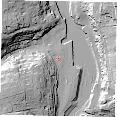 Shaded relief map of the ground around YO211DN, computed from Environment Agency LiDAR. The ground here sits at about 5 m above sea level and falls 57 m across the surrounding 800 m. Surface water reaching this point runs off ground lying to the south-west, 31.2 m higher.