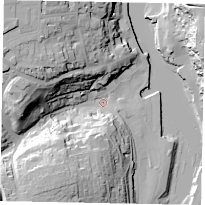 Shaded relief map of the ground around YO211DU, computed from Environment Agency LiDAR. The ground here sits at about 4 m above sea level and falls 50 m across the surrounding 800 m. Surface water reaching this point runs off ground lying to the west-north-west, 37.8 m higher.