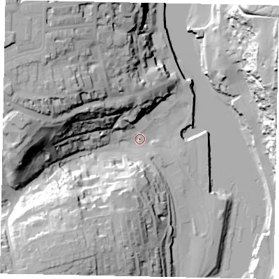 Shaded relief map of the ground around YO211DY, computed from Environment Agency LiDAR. The ground here sits at about 5 m above sea level and falls 52 m across the surrounding 800 m. Surface water reaching this point runs off ground lying to the west, 37.5 m higher.