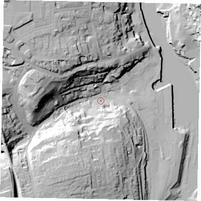 Shaded relief map of the ground around YO211EA, computed from Environment Agency LiDAR. The ground here sits at about 4 m above sea level and falls 51 m across the surrounding 800 m. Surface water reaching this point runs off ground lying to the south-south-west, 34.5 m higher.