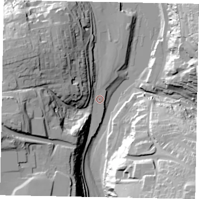 Shaded relief map of the ground around YO211EU, computed from Environment Agency LiDAR. The ground here sits at about 4 m above sea level and falls 51 m across the surrounding 800 m. Surface water reaching this point runs off ground lying to the west-south-west, 36.3 m higher.