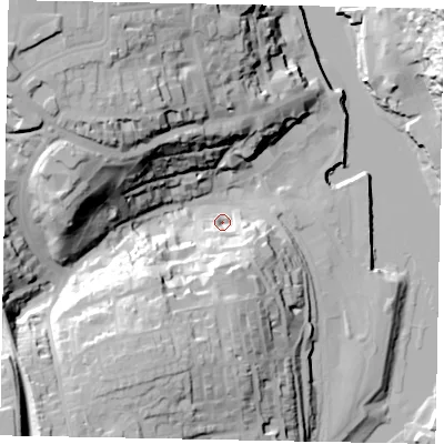 Shaded relief map of the ground around YO211EZ, computed from Environment Agency LiDAR. The ground here sits at about 5 m above sea level and falls 49 m across the surrounding 800 m. Surface water reaching this point runs off ground lying to the south, 21.5 m higher.