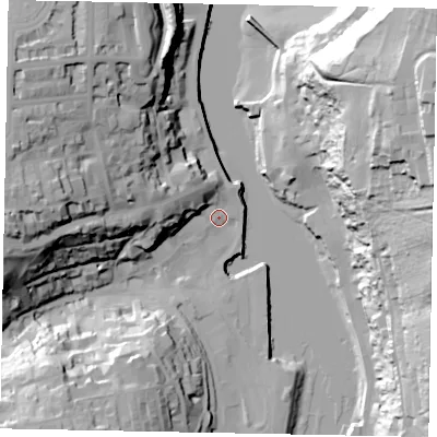 Shaded relief map of the ground around YO211FA, computed from Environment Agency LiDAR. The ground here sits at about 4 m above sea level and falls 59 m across the surrounding 800 m. Surface water reaching this point runs off ground lying to the west, 37.7 m higher.