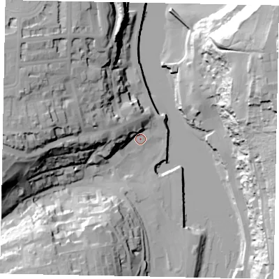 Shaded relief map of the ground around YO211HB, computed from Environment Agency LiDAR. The ground here sits at about 5 m above sea level and falls 56 m across the surrounding 800 m. Surface water reaching this point runs off ground lying to the west-north-west, 16.0 m higher.