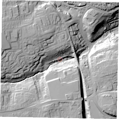 Shaded relief map of the ground around YO211JZ, computed from Environment Agency LiDAR. The ground here sits at about 27 m above sea level and falls 53 m across the surrounding 800 m. Surface water reaching this point runs off ground lying to the south-west, 30.2 m higher.