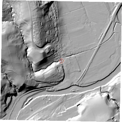 Shaded relief map of the ground around YO211NH, computed from Environment Agency LiDAR. The ground here sits at about 6 m above sea level and falls 52 m across the surrounding 800 m. Surface water reaching this point runs off ground lying to the west, 46.6 m higher.