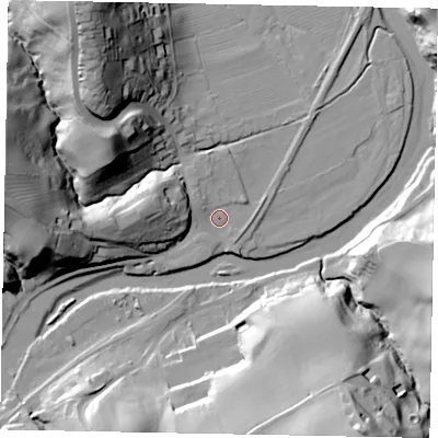 Shaded relief map of the ground around YO211NJ, computed from Environment Agency LiDAR. The ground here sits at about 5 m above sea level and falls 50 m across the surrounding 800 m. Surface water reaching this point runs off ground lying to the west-north-west, 8.2 m higher.