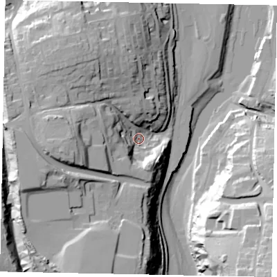 Shaded relief map of the ground around YO211PG, computed from Environment Agency LiDAR. The ground here sits at about 13 m above sea level and falls 50 m across the surrounding 800 m. Surface water reaching this point runs off ground lying to the west, 30.4 m higher.