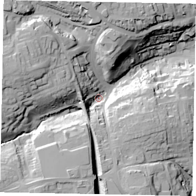 Shaded relief map of the ground around YO211QH, computed from Environment Agency LiDAR. The ground here sits at about 16 m above sea level and falls 47 m across the surrounding 800 m. Surface water reaching this point runs off ground lying to the west-north-west, 19.2 m higher.