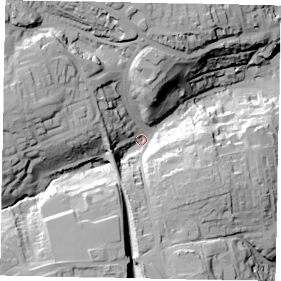 Shaded relief map of the ground around YO211QJ, computed from Environment Agency LiDAR. The ground here sits at about 16 m above sea level and falls 47 m across the surrounding 800 m. Surface water reaching this point runs off ground lying to the south, 24.2 m higher.