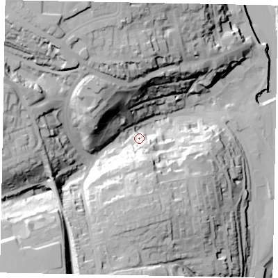 Shaded relief map of the ground around YO211QL, computed from Environment Agency LiDAR. The ground here sits at about 13 m above sea level and falls 50 m across the surrounding 800 m. Surface water reaching this point runs off ground lying to the north-west, 40.7 m higher.