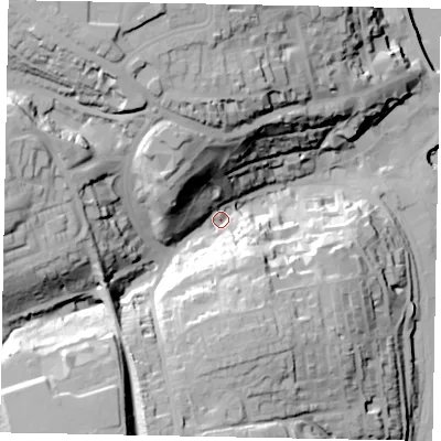 Shaded relief map of the ground around YO211QP, computed from Environment Agency LiDAR. The ground here sits at about 11 m above sea level and falls 50 m across the surrounding 800 m. Surface water reaching this point runs off ground lying to the west, 38.2 m higher.