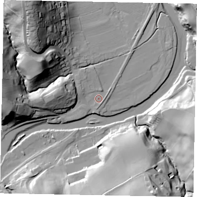 Shaded relief map of the ground around YO211QW, computed from Environment Agency LiDAR. The ground here sits at about 5 m above sea level and falls 50 m across the surrounding 800 m. Surface water reaching this point runs off ground lying to the west-north-west, 8.2 m higher.