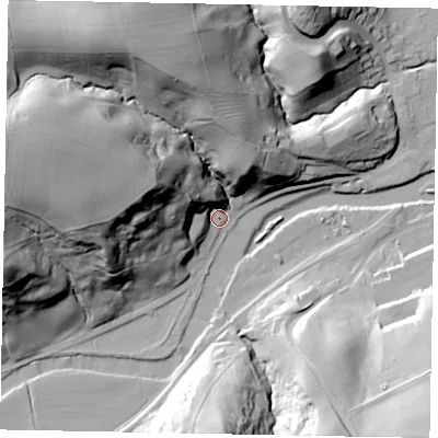 Shaded relief map of the ground around YO211RL, computed from Environment Agency LiDAR. The ground here sits at about 5 m above sea level and falls 59 m across the surrounding 800 m. Surface water reaching this point runs off ground lying to the north-west, 56.4 m higher.
