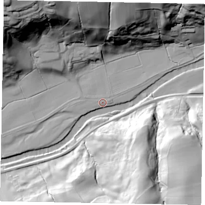 Shaded relief map of the ground around YO211RP, computed from Environment Agency LiDAR. The ground here sits at about 6 m above sea level and falls 68 m across the surrounding 800 m. Surface water reaching this point runs off ground lying to the south, 5.7 m higher.
