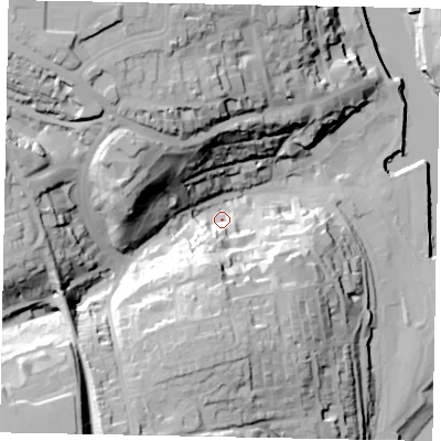 Shaded relief map of the ground around YO211RQ, computed from Environment Agency LiDAR. The ground here sits at about 7 m above sea level and falls 50 m across the surrounding 800 m. Surface water reaching this point runs off ground lying to the west-north-west, 36.1 m higher.